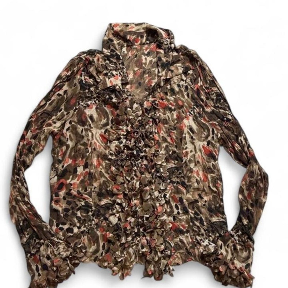 Vintage Y2K Whimsigoth Sheer Abstract Leopard Ruffle Front Button Up Blouse